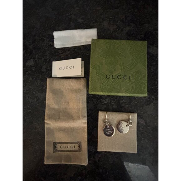 Gucci Italy Sterling Silver Dangle Drop Earrings Embossed Logo Round w Box Pouch - Picture 16 of 16